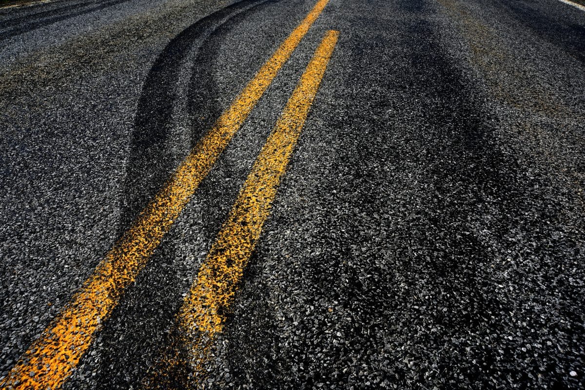 Skid marks on the road from a drunk driver swerving.